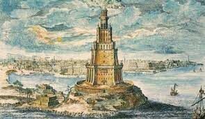 Hình ảnh của ngọn hải đăng Alexandria- 1 trong bảy kì quan thế giới cổ đại.